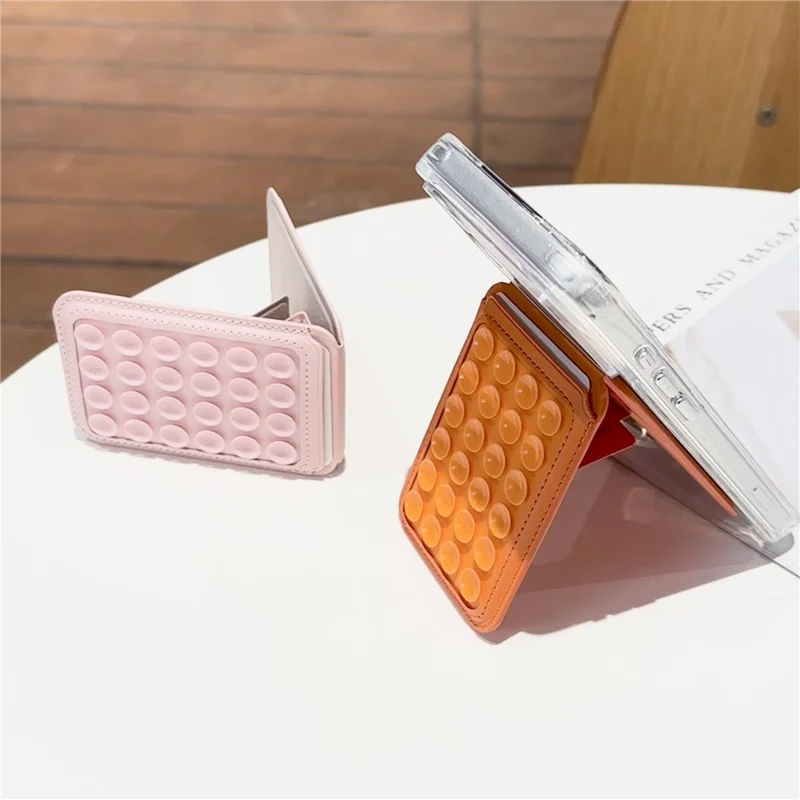 Suction Phone Wallet Card Holder Stand Silicone Pop-it Design Adhesive Mount - Orange