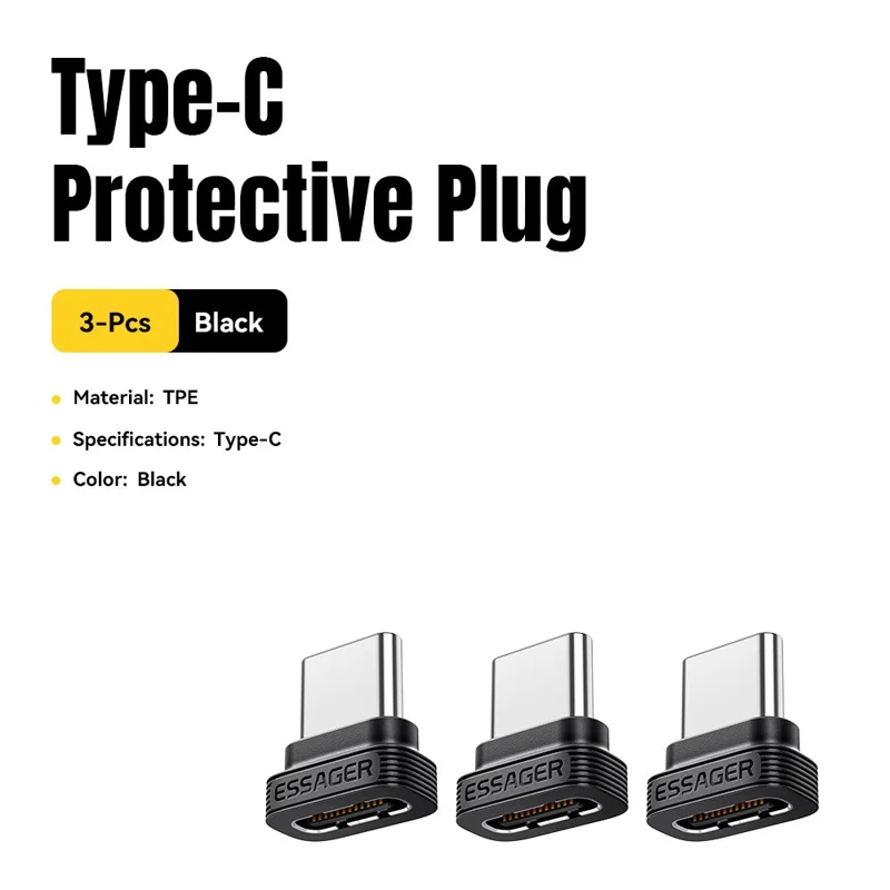 ESSAGER ES-OTG42 3 Pezzi Tappo Antipolvere in TPE per Type-C con Contatti Completi Protezione per Porta di Ricarica e Trasferimento Dati - Nero