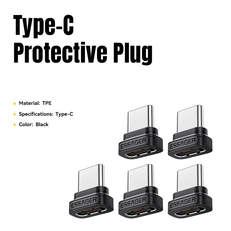 ESSAGER ES-OTG42 5Pcs Type-C Protective Plug TPE Dustproof Protector for USB-C Port Smartphone - Black