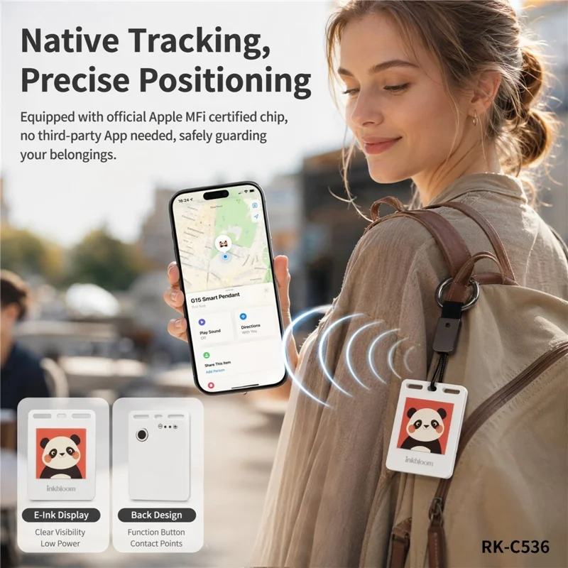 RK-C534 Ink Screen Tracker Compatible with Apple Find My MFi Certified 6 Color E-ink Display NFC Image Upload Magnetic Charging Locator - White