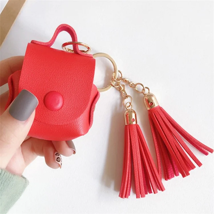 Wallet Design Tassels Decor Faux Leather Anti-Drop Bluetooth-compatible Earphone Protective Case Cover for AirPods with Wireless Charging Case (2019)/AirPods with Charging Case (2019) - Red