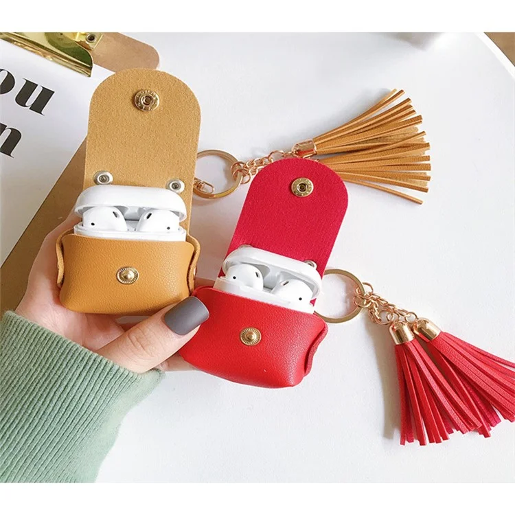 Wallet Design Tassels Decor Faux Leather Anti-Drop Bluetooth-compatible Earphone Protective Case Cover for AirPods with Wireless Charging Case (2019)/AirPods with Charging Case (2019) - Red