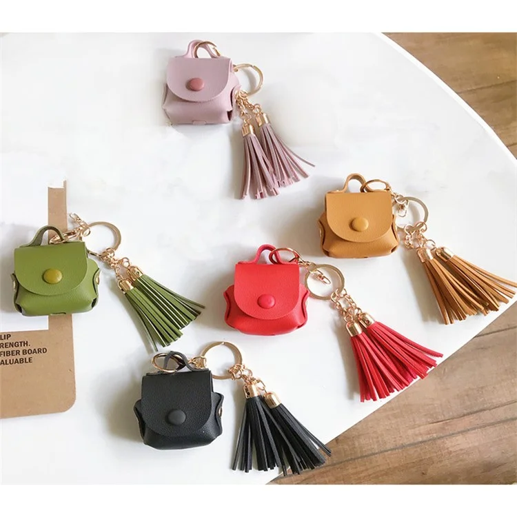 Wallet Design Tassels Decor Faux Leather Anti-Drop Bluetooth-compatible Earphone Protective Case Cover for AirPods with Wireless Charging Case (2019)/AirPods with Charging Case (2019) - Red