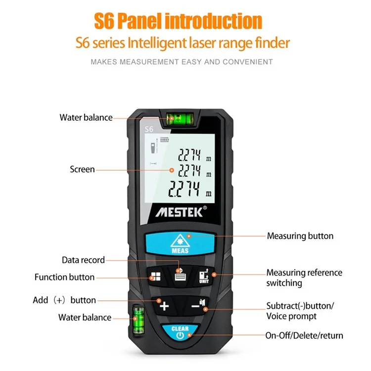 MESTEK S6 Multifunction Distance Meter Laser Measure Meter 50m/164ft Digital Screen Portable Area Volume Measure Tool