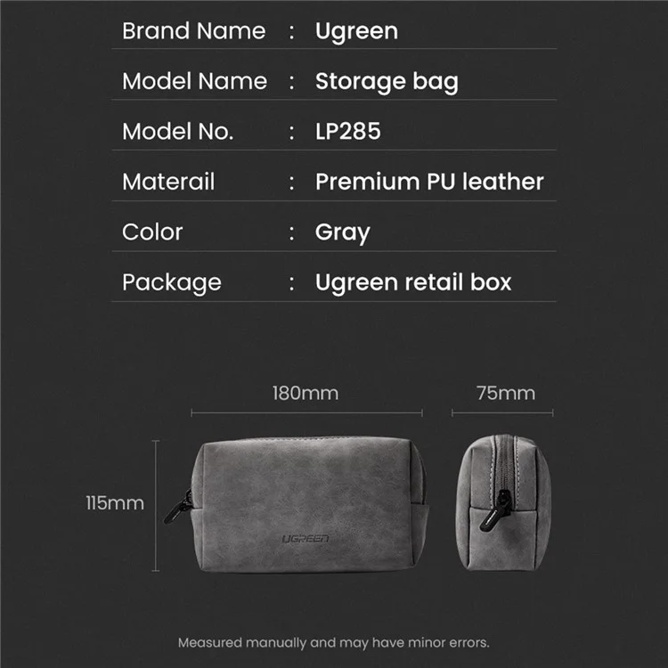 UGREEN 80359 Borsa da viaggio portatile in pelle PU per accessori digitali Storage Bag USB Cavo Adattatore di ricarica Auricolare Borsa da trasporto