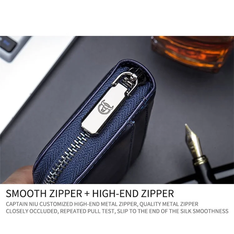BULLCAPTAIN 05 Mini Wallet Top-Layer Cowhide Leather RFID Blocking Card Pouch Coin Storage Bag - Dark Blue