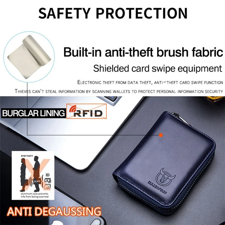 BULLCAPTAIN 05 Mini Wallet Top-Layer Cowhide Leather RFID Blocking Card Pouch Coin Storage Bag - Dark Blue