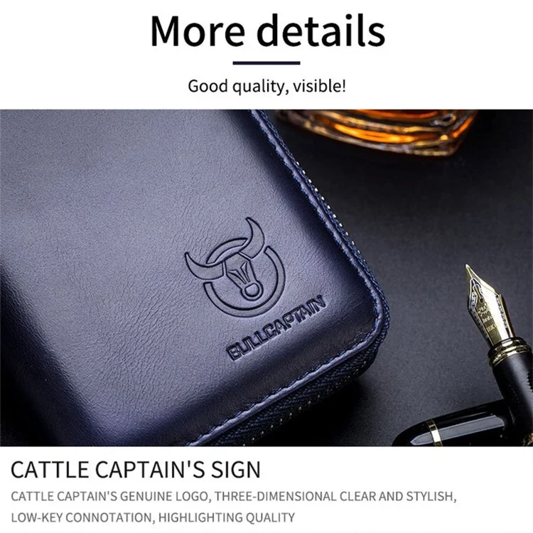 BULLCAPTAIN 05 Mini Wallet Top-Layer Cowhide Leather RFID Blocking Card Pouch Coin Storage Bag - Dark Blue