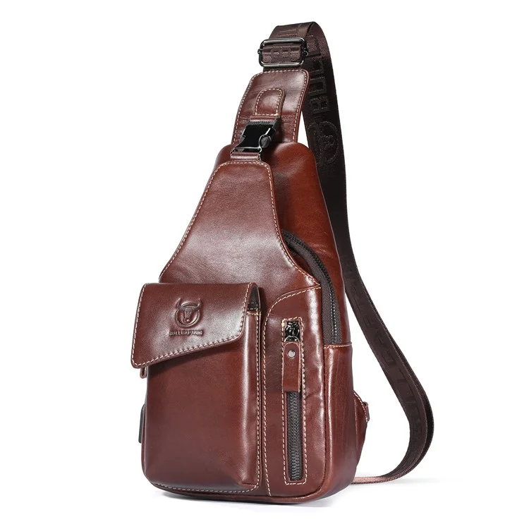 BULLCAPTAIN 0128 Crossbody Bag Chest Bag Top-Layer Cowhide Leather Daypack with USB Charging Port - Braun