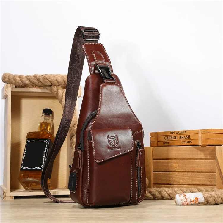 BULLCAPTAIN 0128 Crossbody Bag Chest Bag Top-Layer Cowhide Leather Daypack with USB Charging Port - Braun
