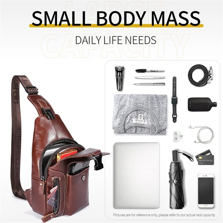 BULLCAPTAIN 0128 Crossbody Bag Chest Bag Top-Layer Cowhide Leather Daypack with USB Charging Port - Braun