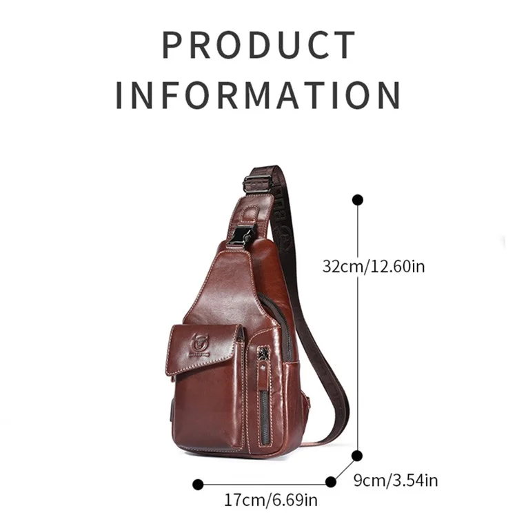 BULLCAPTAIN 0128 Crossbody Bag Chest Bag Top-Layer Cowhide Leather Daypack with USB Charging Port - Braun