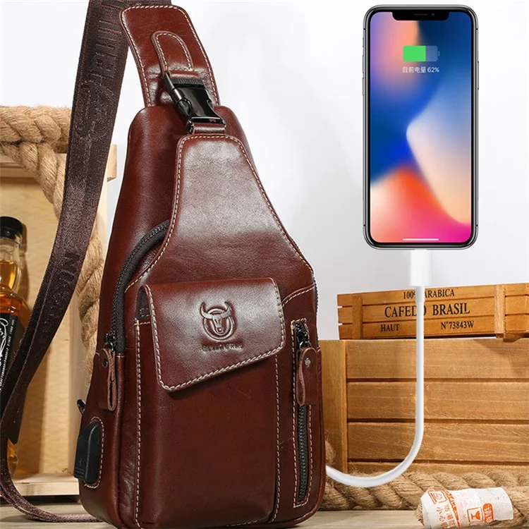 BULLCAPTAIN 0128 Crossbody Bag Chest Bag Top-Layer Cowhide Leather Daypack with USB Charging Port - Braun