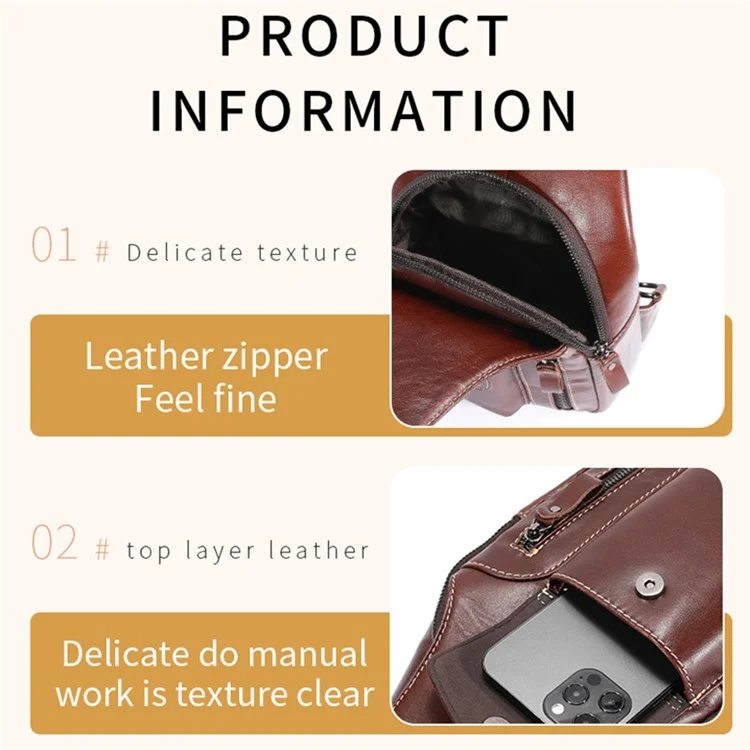 BULLCAPTAIN 0128 Crossbody Bag Chest Bag Top-Layer Cowhide Leather Daypack with USB Charging Port - Braun