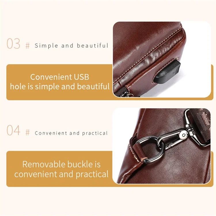 BULLCAPTAIN 0128 Crossbody Bag Chest Bag Top-Layer Cowhide Leather Daypack with USB Charging Port - Braun