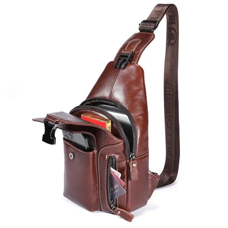 BULLCAPTAIN 0128 Crossbody Bag Chest Bag Top-Layer Cowhide Leather Daypack with USB Charging Port - Braun