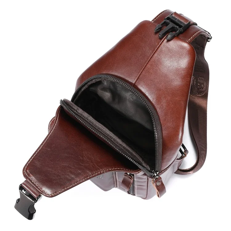 BULLCAPTAIN 0128 Crossbody Bag Chest Bag Top-Layer Cowhide Leather Daypack with USB Charging Port - Braun