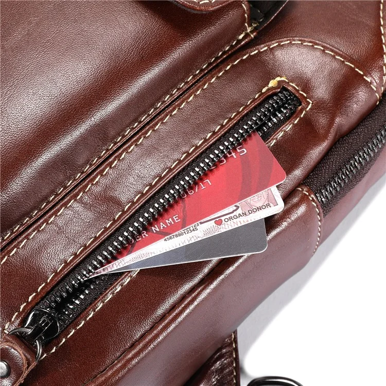 BULLCAPTAIN 0128 Crossbody Bag Chest Bag Top-Layer Cowhide Leather Daypack with USB Charging Port - Braun
