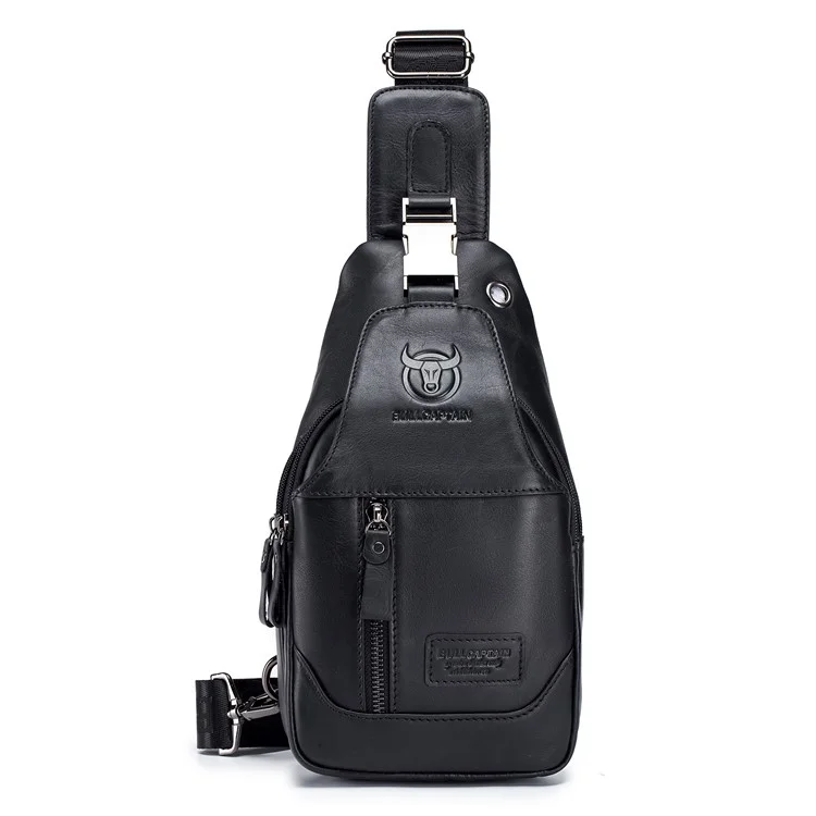 BULLCAPTAIN 095 Sac de Poitrine Casual en Cuir de Vache de Première Qualité - Sac Bandoulière de Voyage Sac à Dos - Noir