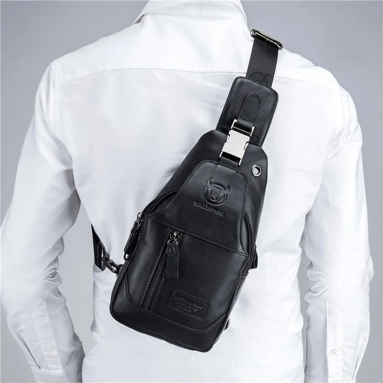 BULLCAPTAIN 095 Sac de Poitrine Casual en Cuir de Vache de Première Qualité - Sac Bandoulière de Voyage Sac à Dos - Noir