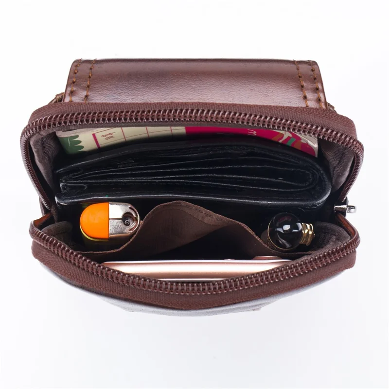 BULLCAPTAIN Vertical Mobile Phone Pouch for 5.5-6.44" Cell Phones Genuine Cowhide Leather Waist Phone Bag - Brown