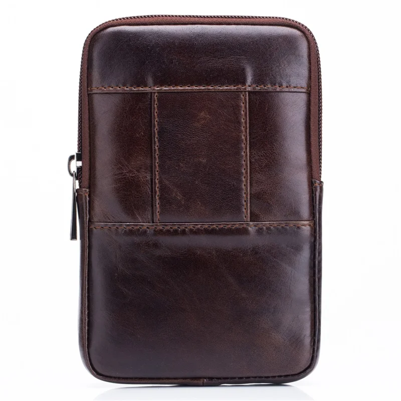 BULLCAPTAIN Vertical Mobile Phone Pouch for 5.5-6.44" Cell Phones Genuine Cowhide Leather Waist Phone Bag - Brown