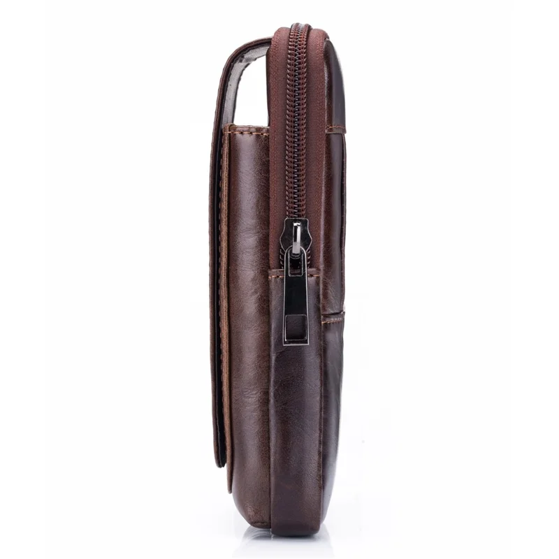 BULLCAPTAIN Vertical Mobile Phone Pouch for 5.5-6.44" Cell Phones Genuine Cowhide Leather Waist Phone Bag - Brown