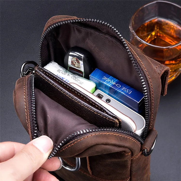 BULLCAPTAIN Crazy Horse Texture Genuine Cowhide Leather Belt Bag für unter 7" Smartphone Hüfttasche mit Schultergurt - Kaffee