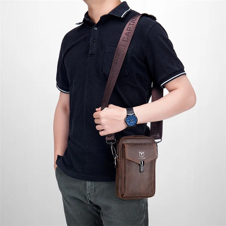 BULLCAPTAIN Crazy Horse Texture Genuine Cowhide Leather Belt Bag für unter 7" Smartphone Hüfttasche mit Schultergurt - Kaffee