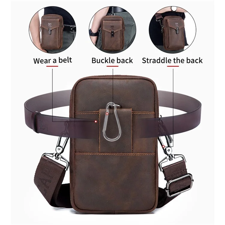 BULLCAPTAIN Crazy Horse Texture Genuine Cowhide Leather Belt Bag für unter 7" Smartphone Hüfttasche mit Schultergurt - Kaffee