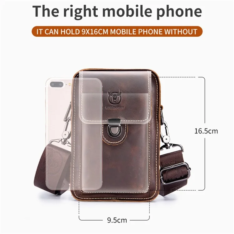 BULLCAPTAIN Crazy Horse Texture Genuine Cowhide Leather Bag for Under 7" Cell Phones Belt Pouch with Shoulder Strap - Black