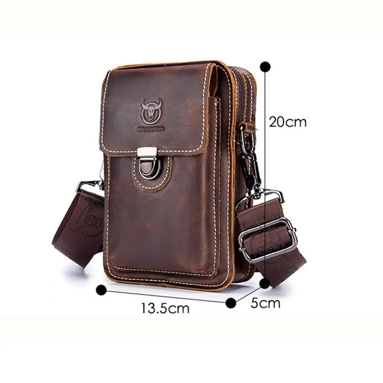 BULLCAPTAIN Crazy Horse Texture Genuine Cowhide Leather Bag for Under 7" Cell Phones Belt Pouch with Shoulder Strap - Black