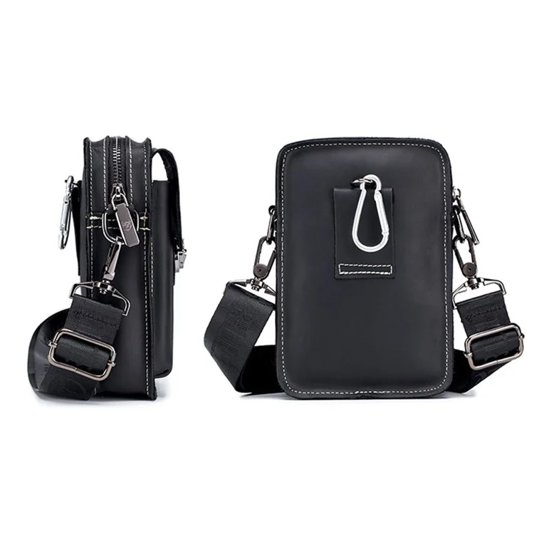 BULLCAPTAIN Crazy Horse Texture Genuine Cowhide Leather Bag for Under 7" Cell Phones Belt Pouch with Shoulder Strap - Black
