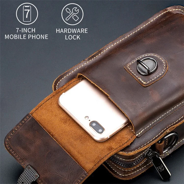 BULLCAPTAIN Crazy Horse Texture Genuine Cowhide Leather Bag for Under 7" Cell Phones Belt Pouch with Shoulder Strap - Black