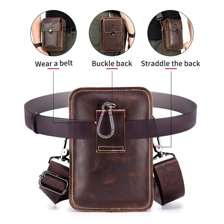 BULLCAPTAIN Crazy Horse Texture Genuine Cowhide Leather Bag for Under 7" Cell Phones Belt Pouch with Shoulder Strap - Black