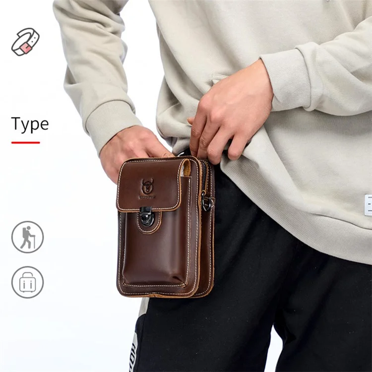 BULLCAPTAIN Crazy Horse Texture Genuine Cowhide Leather Bag for Under 7" Cell Phones Belt Pouch with Shoulder Strap - Black