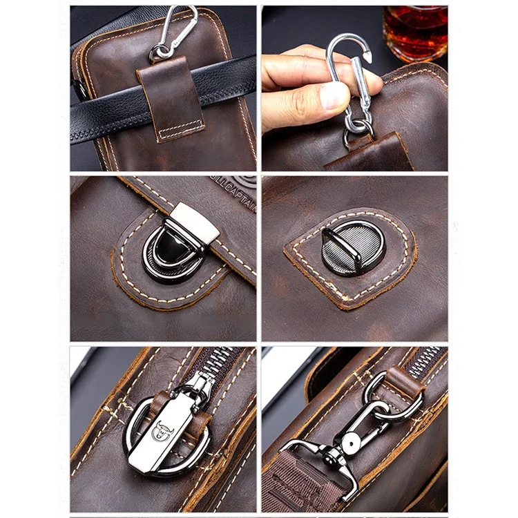 BULLCAPTAIN Crazy Horse Texture Genuine Cowhide Leather Bag for Under 7" Cell Phones Belt Pouch with Shoulder Strap - Black