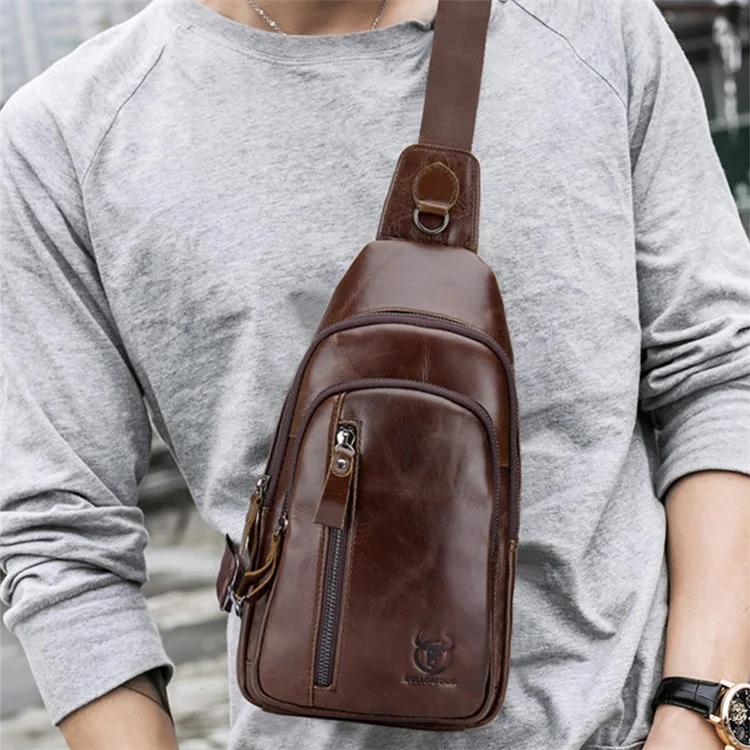 BULLCAPTAIN 100 Bolsa de Peito de Couro de Vaca da Camada Superior Esportiva - Café