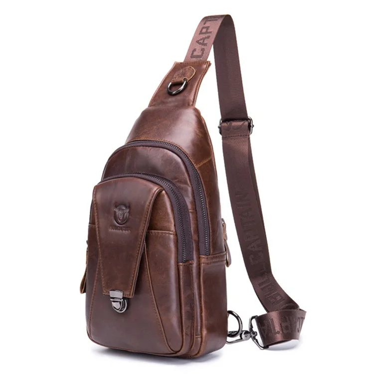 BULLCAPTAIN 110 Top-Layer Cowhide Leather Crossbody Bag Multifunction Outdoor Sports Chest Bag Day Pack Backpack - Braun