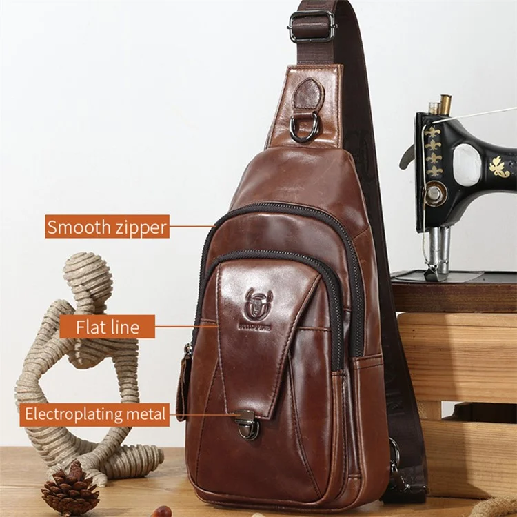BULLCAPTAIN 110 Top-Layer Cowhide Leather Crossbody Bag Multifunction Outdoor Sports Chest Bag Day Pack Backpack - Braun