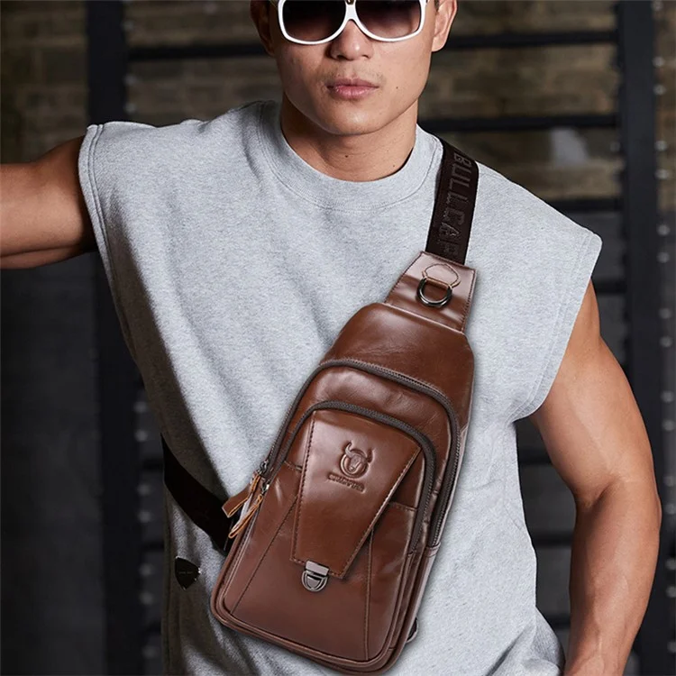 BULLCAPTAIN 110 Top-Layer Cowhide Leather Crossbody Bag Multifunction Outdoor Sports Chest Bag Day Pack Backpack - Braun