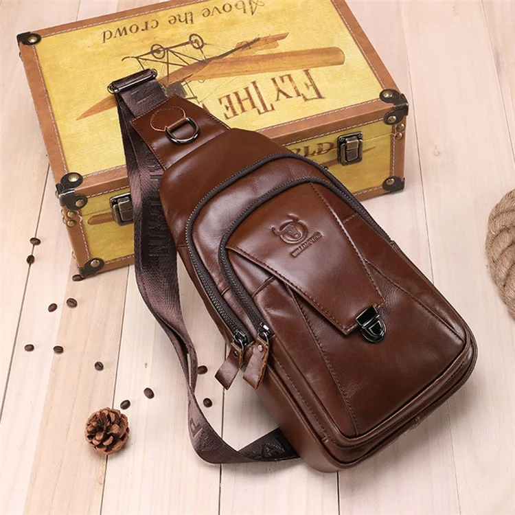 BULLCAPTAIN 110 Top-Layer Cowhide Leather Crossbody Bag Multifunction Outdoor Sports Chest Bag Day Pack Backpack - Braun
