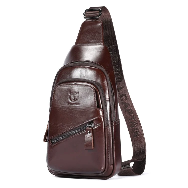 BULLCAPTAIN 0127 Bolso de pecho grande de cuero de vaca de primera capa con puerto de carga USB - Café