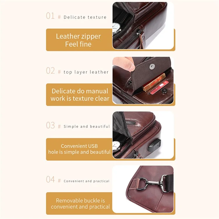 BULLCAPTAIN 0127 Bolso de pecho grande de cuero de vaca de primera capa con puerto de carga USB - Café