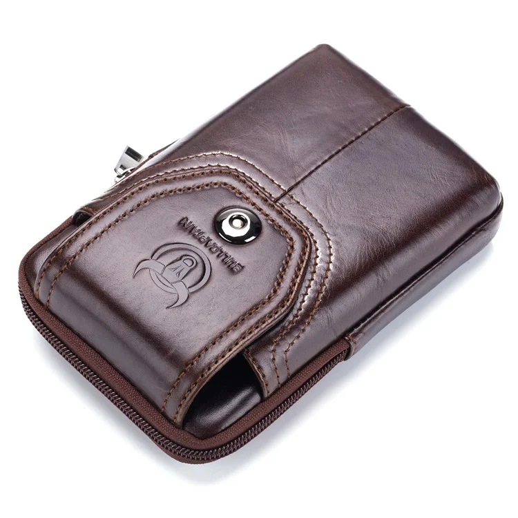 BULLCAPTAIN Genuine Cowhide Leather Phone Pouch for 5.0-5.5" Cell Phones Vertical Belt Bag for Men - Brown