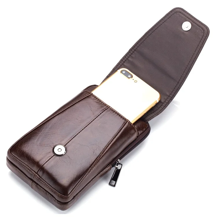 BULLCAPTAIN Genuine Cowhide Leather Phone Pouch for 5.0-5.5" Cell Phones Vertical Belt Bag for Men - Brown