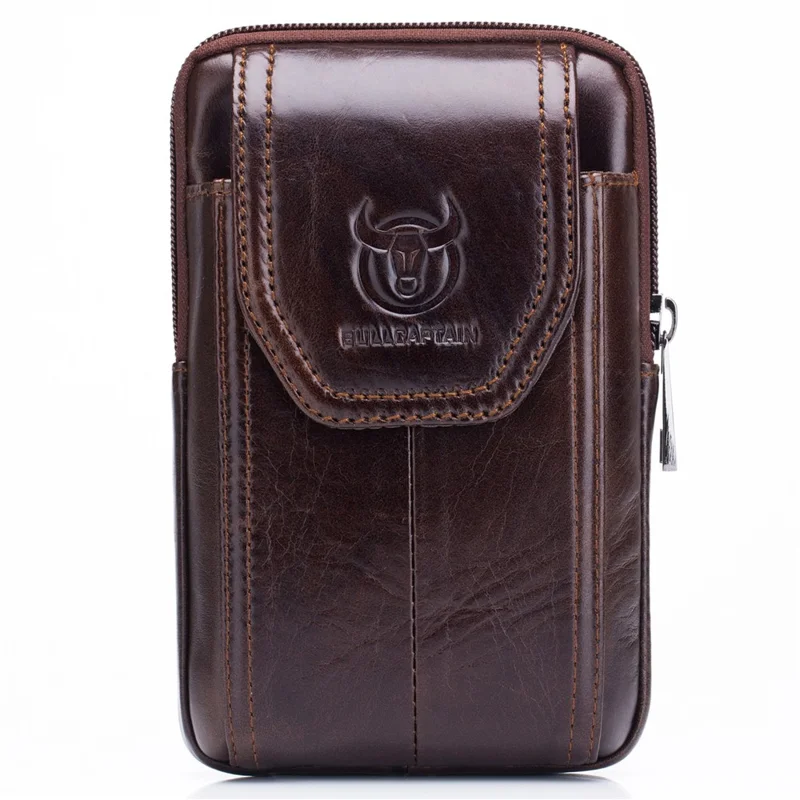BULLCAPTAIN Genuine Cowhide Leather Pouch for 5.0-5.5" Mobile Phones Vertical Belt Bag with Hook - Brown