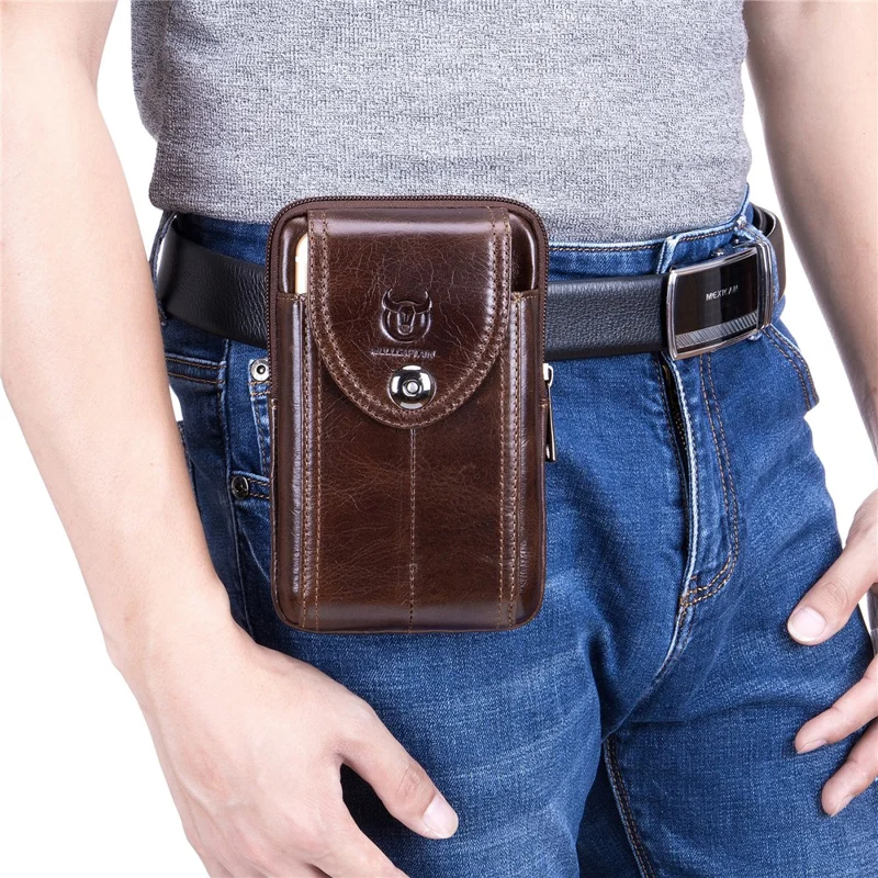 BULLCAPTAIN Genuine Cowhide Leather Pouch for 5.0-5.5" Mobile Phones Vertical Belt Bag with Hook - Brown