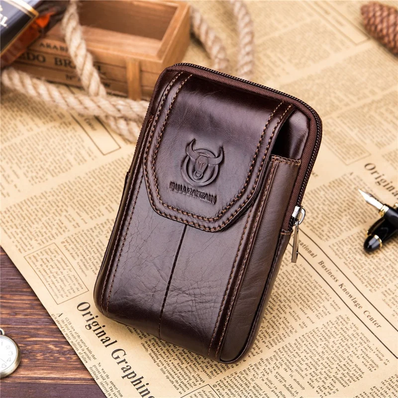 BULLCAPTAIN Genuine Cowhide Leather Pouch for 5.0-5.5" Mobile Phones Vertical Belt Bag with Hook - Brown