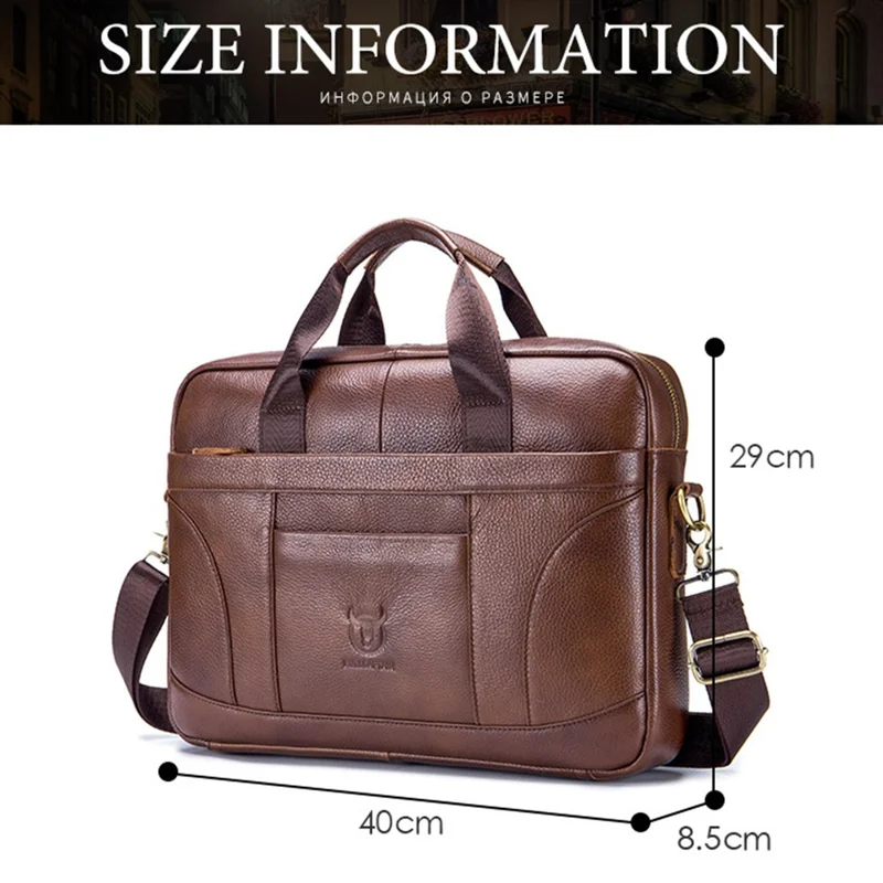 BULLCAPTAIN 048 Top-Layer Cowhide Leather Laptop Handbag Shoulder Bag Business Briefcase Messenger Tote Bag - Black